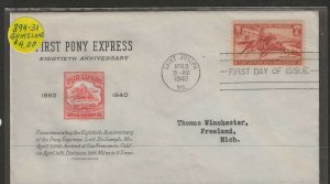 #894 FDC ST. JOSEPH MO. Pony Express 80th Anniversary Grimsland  Cachet (A727)