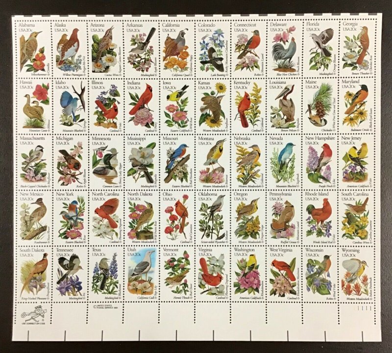 1953a-2002a State Birds & Flowers Sheet Issue 20c bullseye perfs 1982