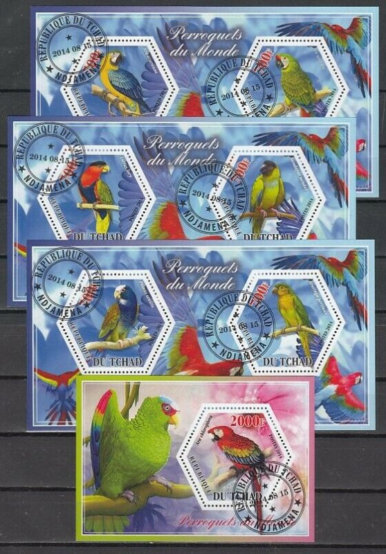 Chad, 2014 issue. Parrots on 3 sheets and 1 s/sheet.  C.T.O.