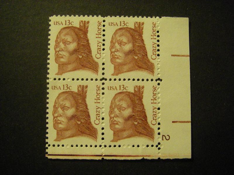 Scott 1855, 13c Crazy Horse, PB4 #2 LR, MNH Great Americans Beauty