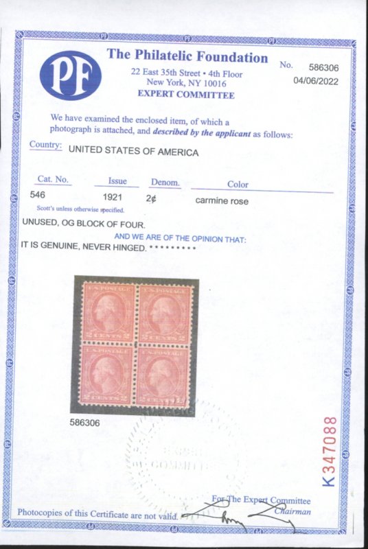 U.S. #546 MINT SINGLE WITH PF CERT(COPY) OG NH