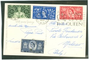 Great Britain 313-316 Postcard to Milan, Italy, front guard's band, 6/17/53 CV is for used off cover