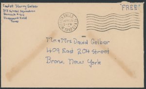 US Free Frank; Entire cover; Sheppardfield, TX -- see details and scans