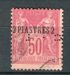 FRENCH COLONIES; LEVANT 1890s classic P & C surcharged 50c + 2Pi used + Perfin