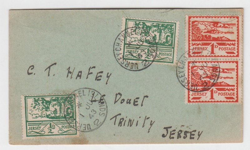 1943 Jersey ½d & pair 1d  Blampied View,  on business envelope FDC