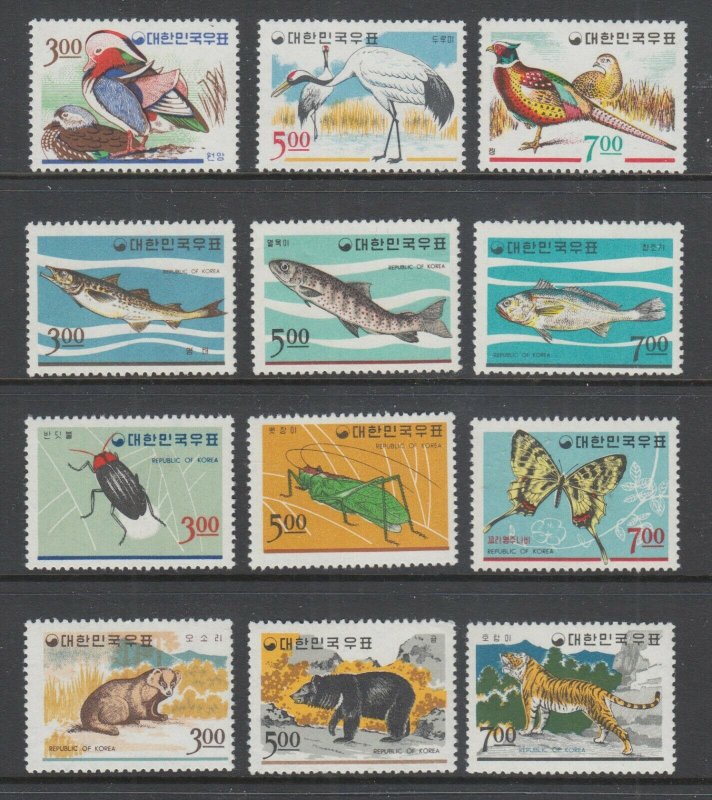 Korea Sc 493-504 MNH. 1966 issues, 4 cplt sets, Birds, Fish, Insects, Animals