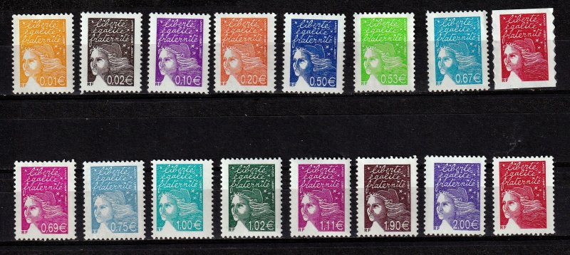 France 2002 - Definitive. Marianne (Euro Denominations) Group of 16 Stamps MNH