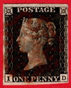 GBR SC #1 U (I,D) 1840 Queen Victoria P5 4-margins w/red MC cancel CV $390.00