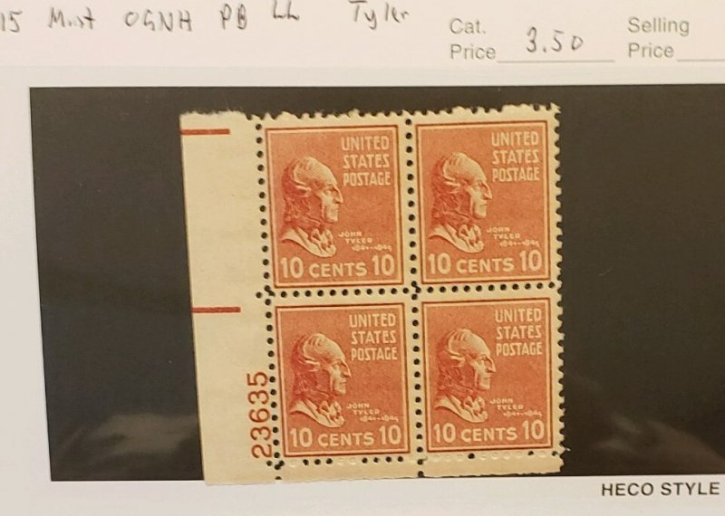 815, Tyler, Plate Block LL, Mint OGNH, CV $3.50