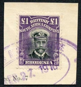 Rhodesia 1913-19 SG243 1 pound black and violet die II perf.14 fiscally used