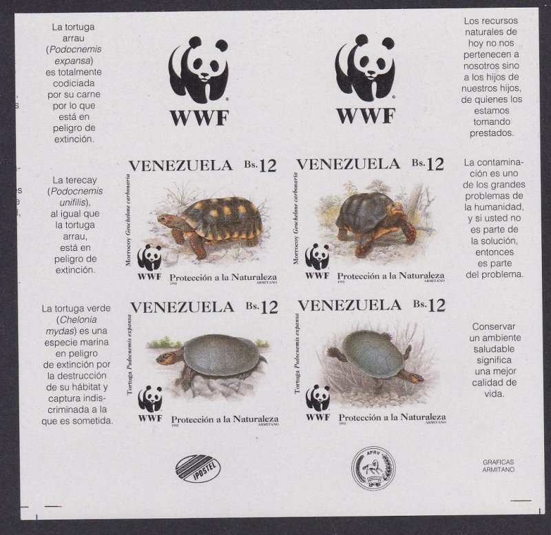Venezuela WWF Tortoise and Turtle 4v imperf block 2*2 WWF Logo 1992 MNH