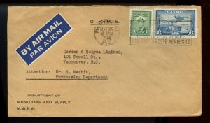 ?4 hole OHMS perfin 1c + 6c airmail 1944 war issue, cover Canada