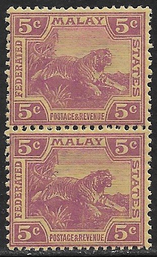 MALAYA 1922-32 KGV 5c Violet on Yellow Paper TIGER Vertical Pair Sc 58 MNH