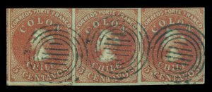 CHILE 1855 COLUMBUS 2d London(Perkins Beacon)5c brn Sc#8b used VF-XF Strip of 3