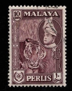 MALAYA  Perlis  Scott 34  Used  10c Reddish Brown Tiger stamp