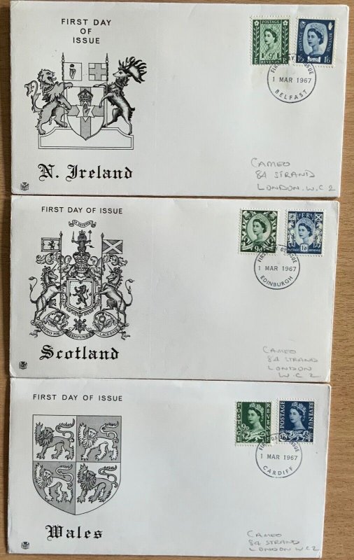 GB FDC 1967 REGIONALS  9d 1/6d ON REGIONAL COVERS AND POSTMARKS. CAT £30