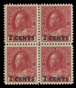 Canada #139 Cat$540, 1926 2c on 3c carmine, block of four, never hinged