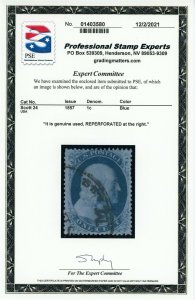 US Stamp #24 Franklin 1c - PSE Cert & Franklin Plating Cert - Used & Reperfed