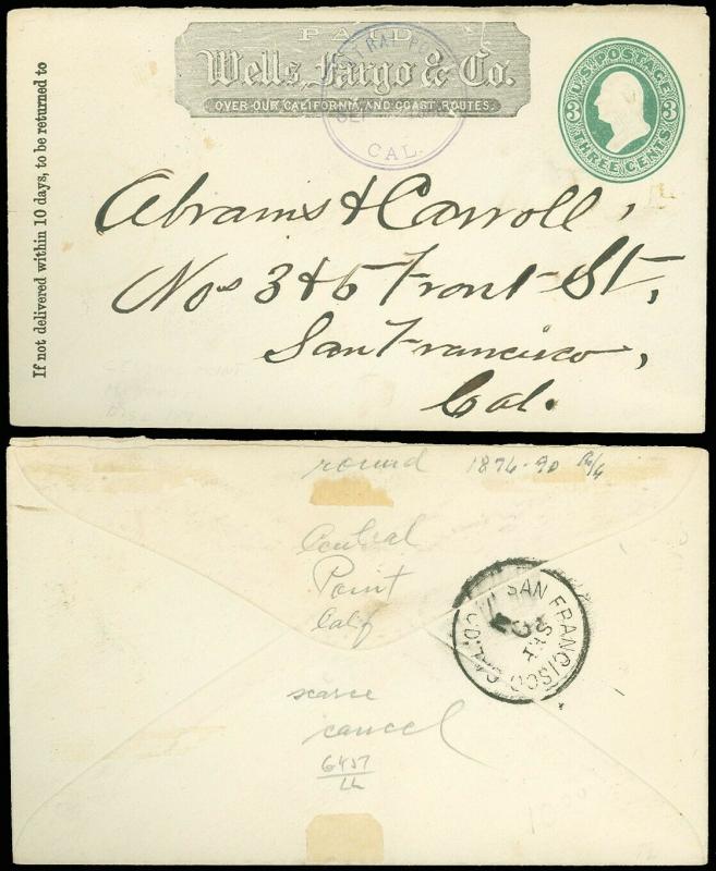 1886 WELLS FARGO & CO Cover, (DPO Rarity 6) Purple CENTRAL POINT CA CDS, #U163