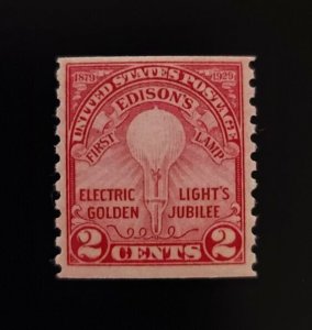 1929 2c Edison Electric Light Bulb Golden Jubilee, Coil Scott 656 Mint F/VF LH