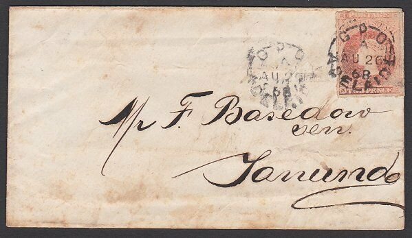  SOUTH AUSTRALIA 1868 2d roulette on cover Adelaide to Tanunda.............E501