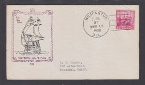 US Planty 836-28 FDC. 1938 3c Landing of Swedes and Finns, Jesse Holland cachet