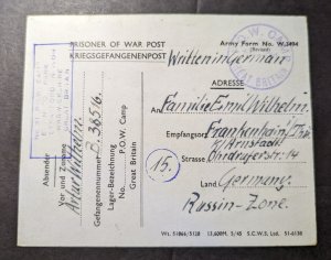 1947 England Prisoner of War POW Postcard Cover Camp Ettinston to Germany