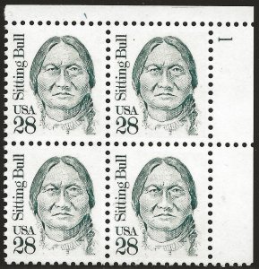 1989 Sitting Bull Plate Block of 4 28c Postage Stamps, Sc# 2183, MNH, OG