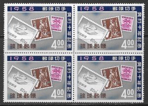 RYUKYU ISLANDS 1958 4y Stamp Anniv Issue Sc 43 BLOCK OF 4 MNH