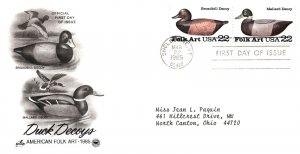 US TOPICAL CACHETED FIRST DAY COVER DUCK DECOYS AMERICAN FOLK ART 4 ON 2 ENVs