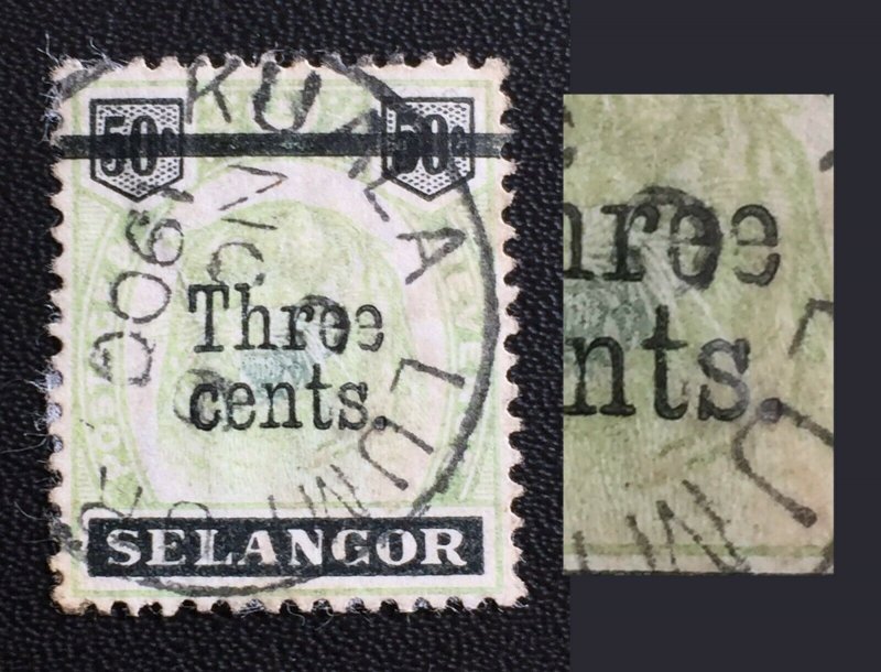 Malaya 1900 Selangor Tiger Three cents on 50c Antique t Fine Used SG#67a M3970 