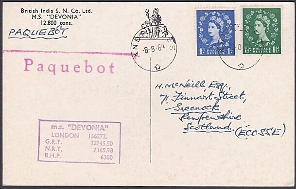 GB NORWAY 1964 Postcard ANDALSNES PAQUEBOT, MS DEVONIA ship cachet.........A1446