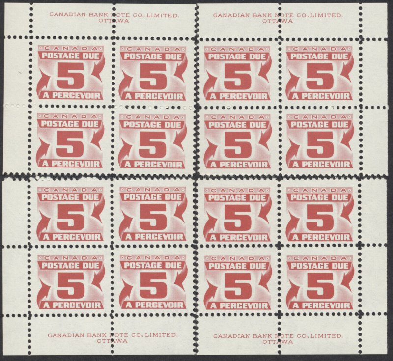 Canada #J28-J36iii 2nd Issue Red Dues 8 Matched Sets Plate Blocks VF NH