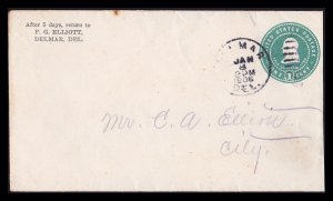 US SCOTT #U379 POSTAL STATIONARY - DELMAR DELAWARE 1906 - DUPLEX CANCEL