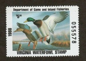 VA1 1988 VIRGINA 1st State Duck Stamp (LOUQUE) OGNH-Offer?