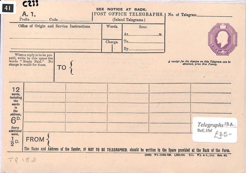 GB KEVII 6d TELEGRAPH Form TP18d Superb Unused Stationery {samwells-covers}GC233