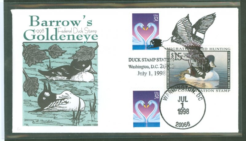 US RW65 1998 $15 Federal Duck Stamp Barrow's Goldeye on an unaddressed FDC with an illustrated Washington, DC cancel and...