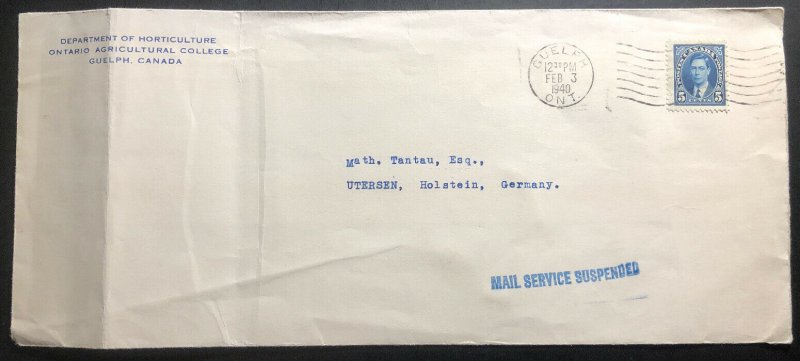 1940 Guelph Canada Service Suspended Horticulture Dept Cover To Utersen Germany 