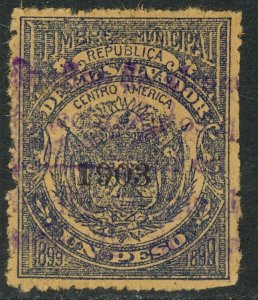 EL SALVADOR 1903 1peso ARMS Municipal Revenue Ross M81 VFU