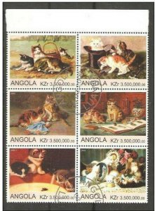 Angola 2000 Cats in Art, Paintings, Block of 6,VF CTO NH**