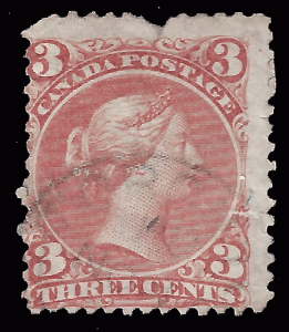 Canada 1868 Sc 25 used pulled perf Large Queen