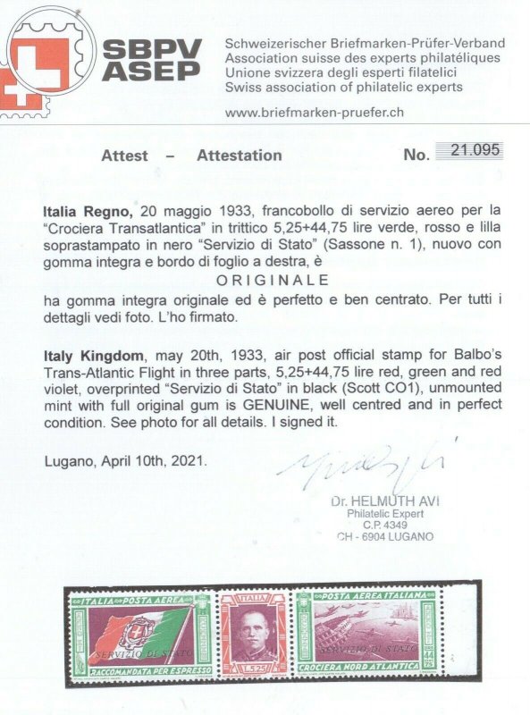 Italy #CO1 (Sassone #SA1) Very Fine Never Hinged Gem **With Certificate**