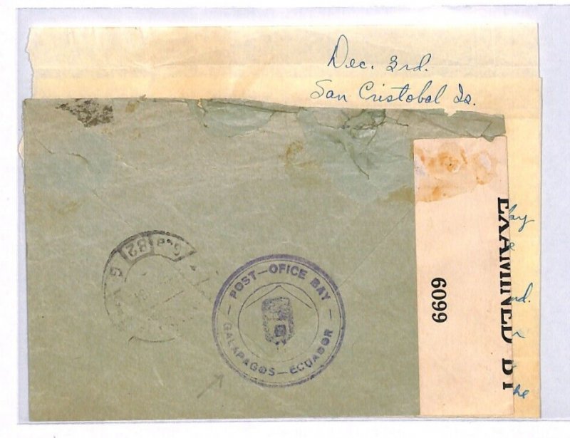 Ecuador *GALAPAGOS ISLAND* Cover WW2 Letter CENSOR USA CA Fresno Chile YX143