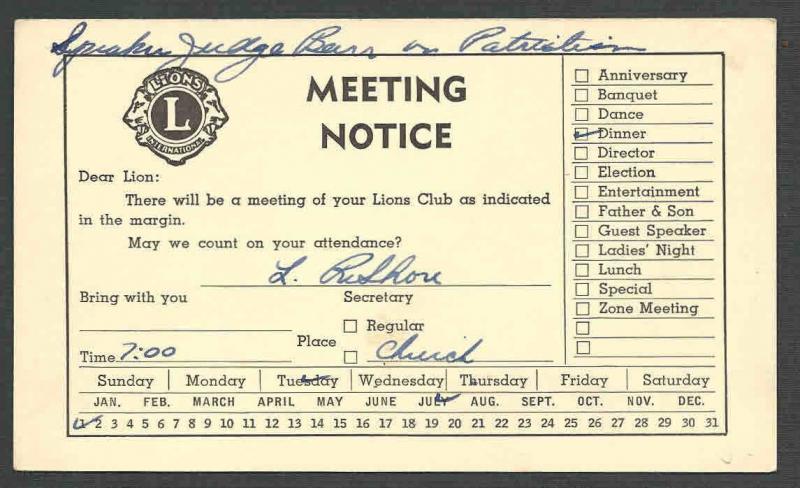 DATED 1952 PC MICH LIONS CLUB INVITATION TO DINNER & MEETING IN CHURCH