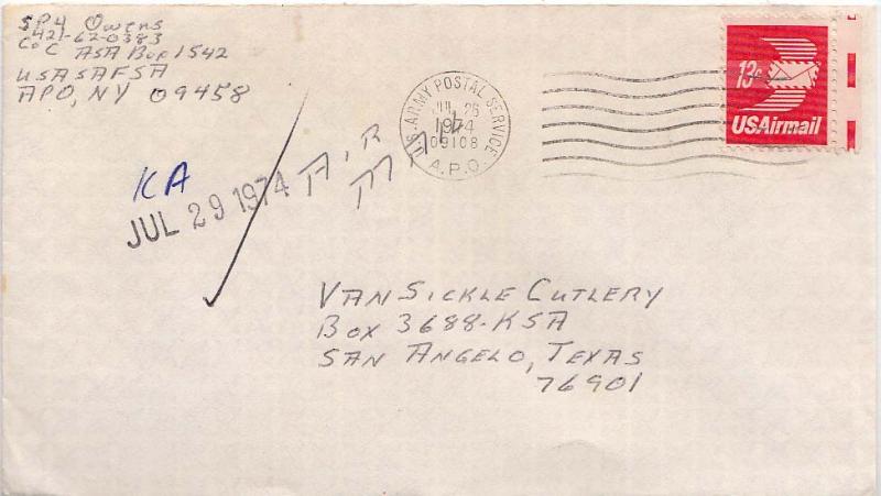 United States A.P.O.'s 13c Winged Envelope 1974 U.S. Army Postal Service, A.P...