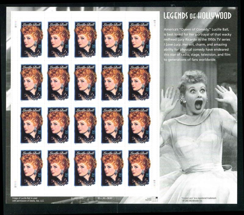 US #3523 34¢ Legends of Hollywood Lucille Ball Sheet of 20 VF NH MNH