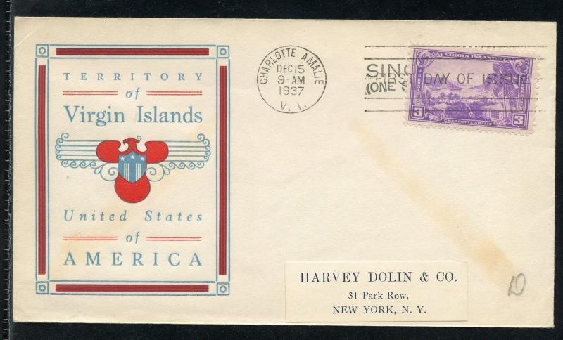 UNITED STATES 1937 VIRGIN ISLANDS FOUR COLOR UNADDRESSED  FIRST DAY COVER 