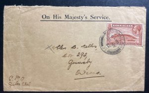 1932 Gibraltar In His Majesty Service cover To Grimsby Canada