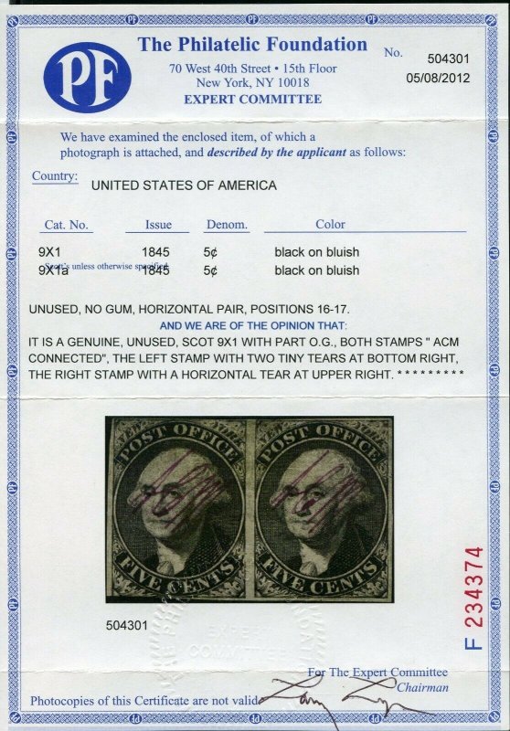 US SCOTT #9x1 Var, Mint Horiz. Pair W/ Large Part OG PF Cert