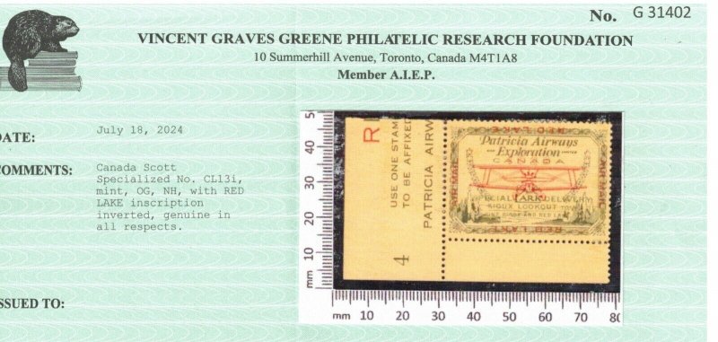 Canada #CL13i Extra Fine Never Hinged Upper Left Margin Gem **With Certificate**